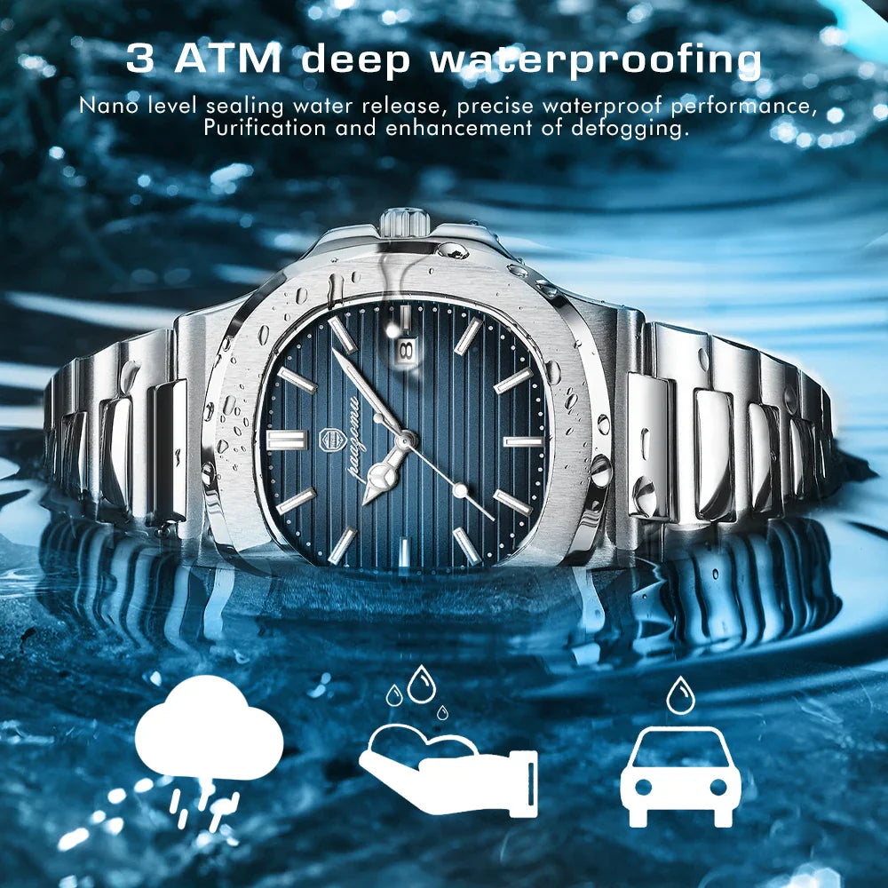 PAAZOMU Luxury Watch Business 50 ATM Waterproof Male Clock Luminous Date Stainless Steel Square Quartz Men Watches reloj hombre