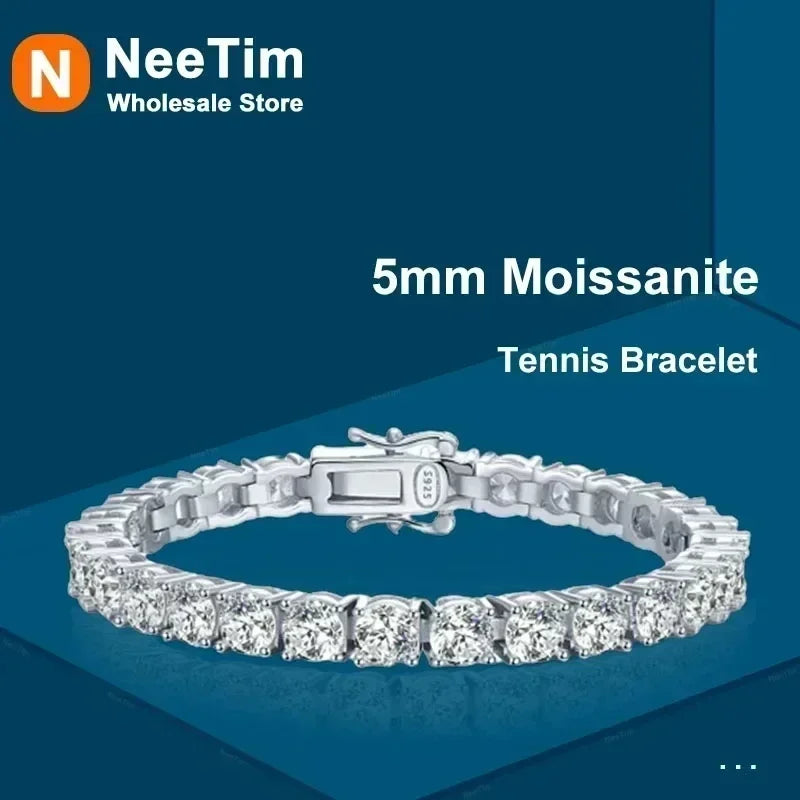 NeeTim 3mm 4mm 5mm Moissanite Tennis Bracelet Full Diamond 925 Sterling Silver with Gold Plated Bracelets For Women Men