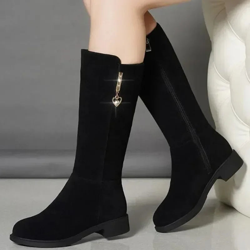 Women's Mid-Calf Suede Boots with Heart Zipper Detail - Image 8