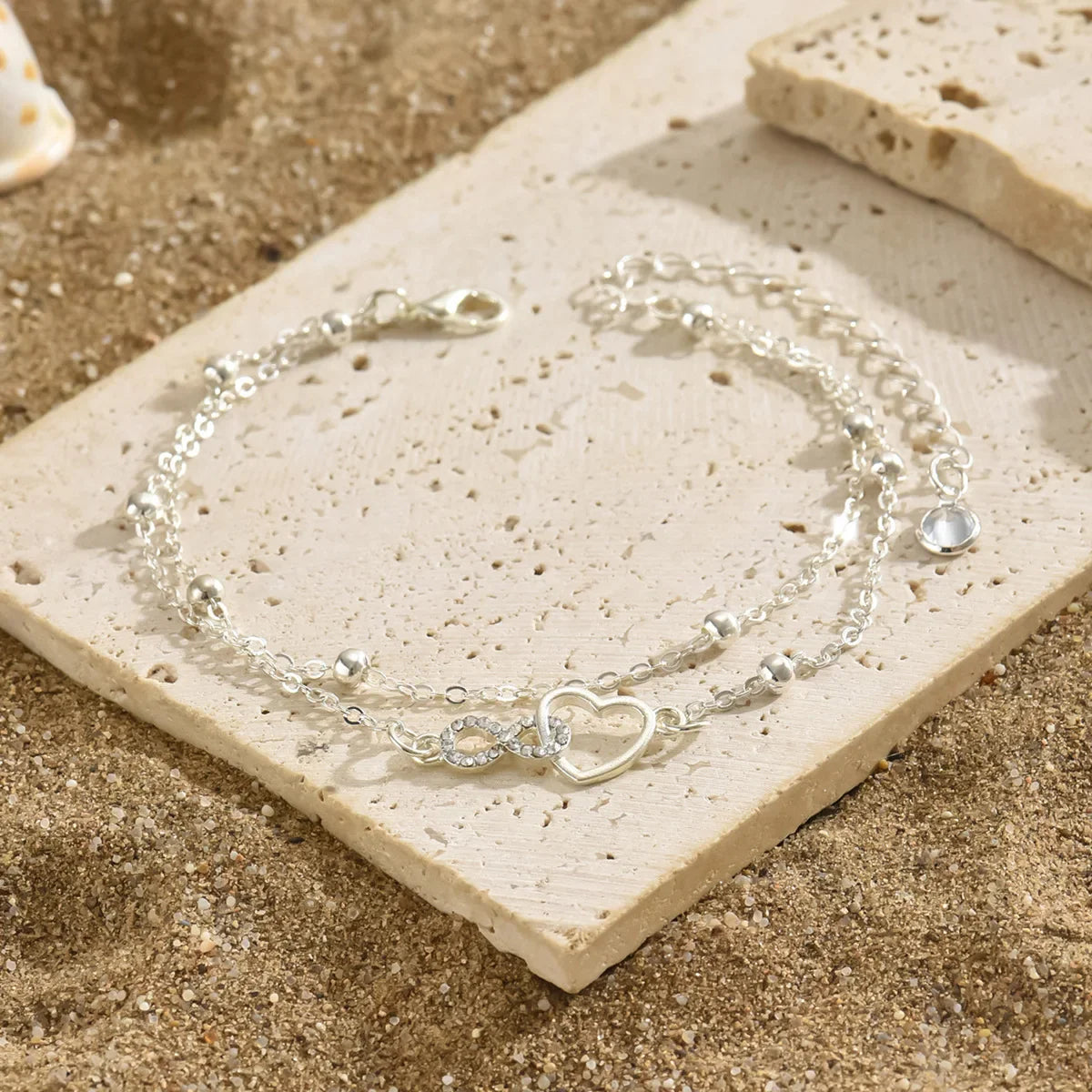 S925 heart-shaped double-layer ankle bracelet, simple and elegant, suitable for daily wear, hypoallergenic