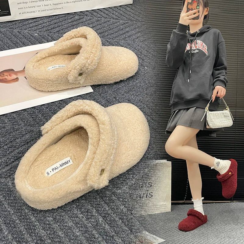 Winter Cotton Fluffy Slippers Plush Flat Slip-On House Shoes