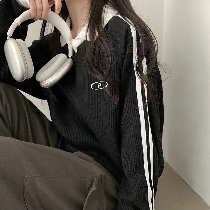 Women Long Sleeve Polo Pullover Sweater Striped Casual Top - Image 15