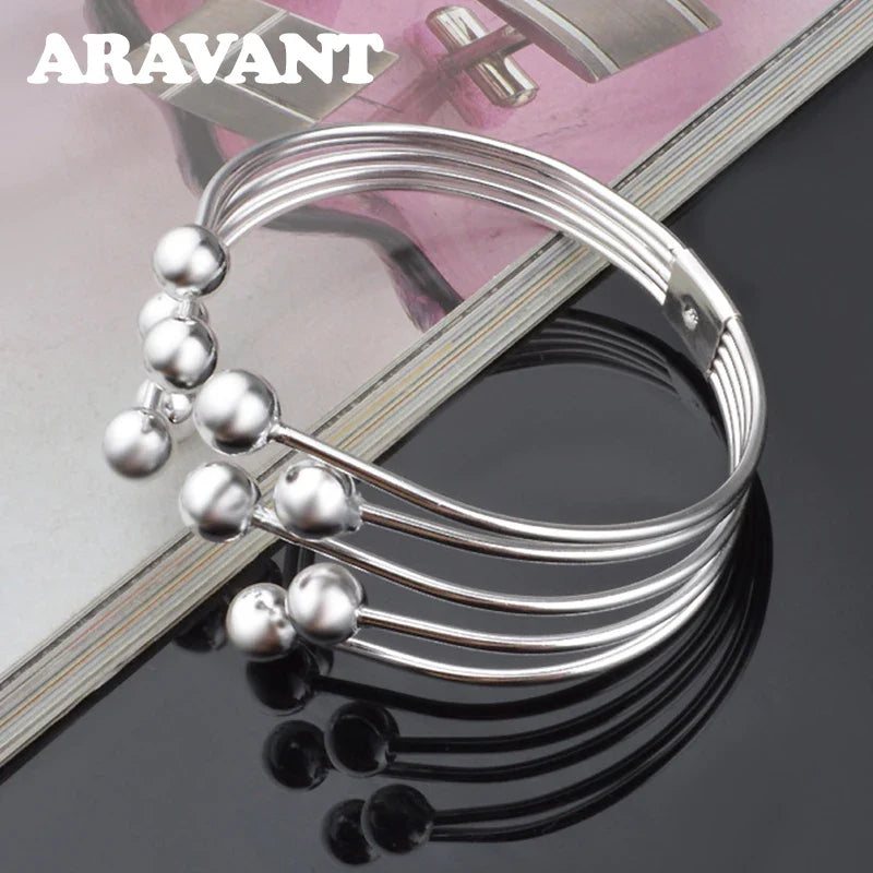 Aravant 925 Silver Multi Line Bead Open Bracelet Bangles For Women Wedding Jewelry Gifts