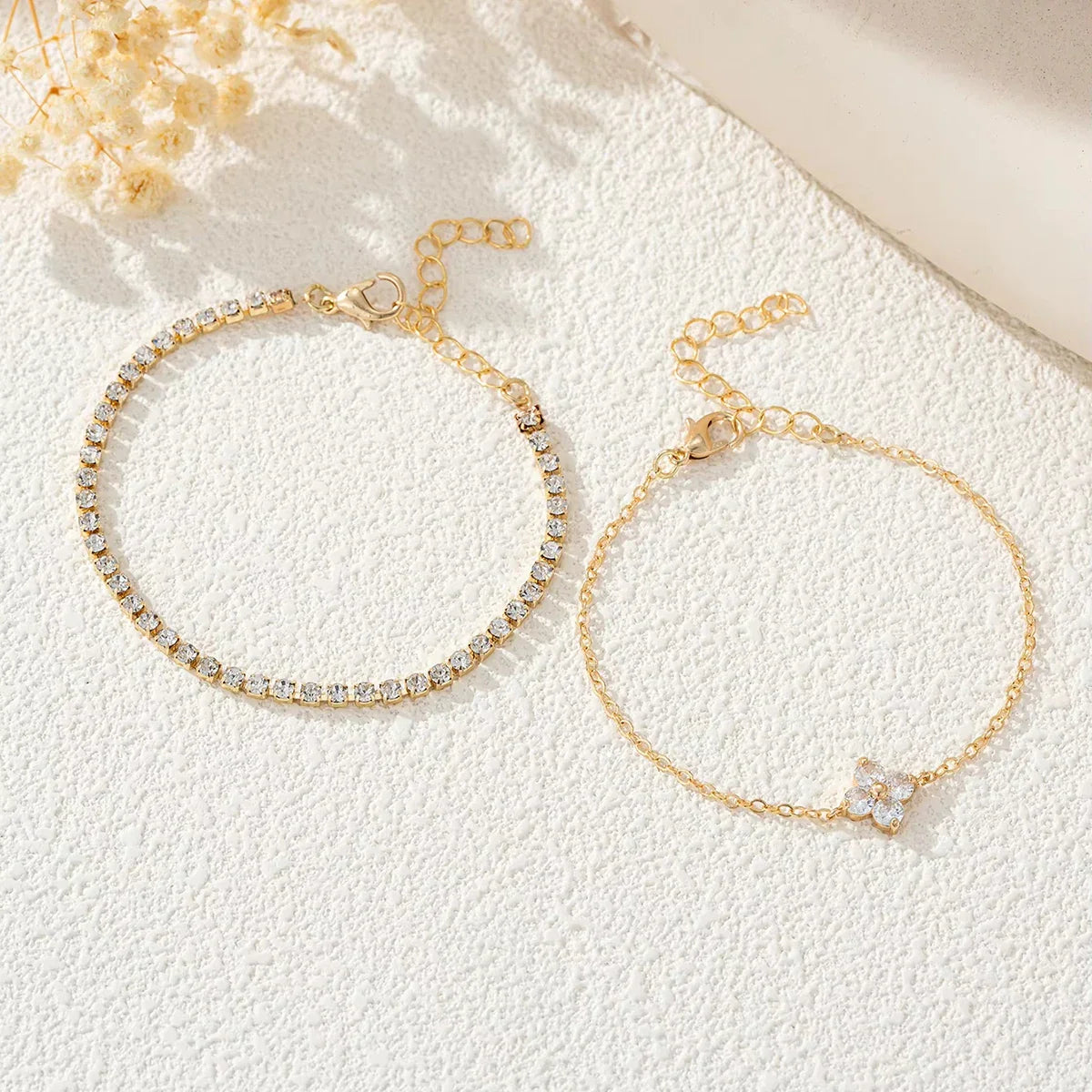 2pcs Simple Cubic Zirconia Flower Water Chain Women's Bracelet Set Daily Minimalist Silver Color Bracelet Party Fashion Jewelry