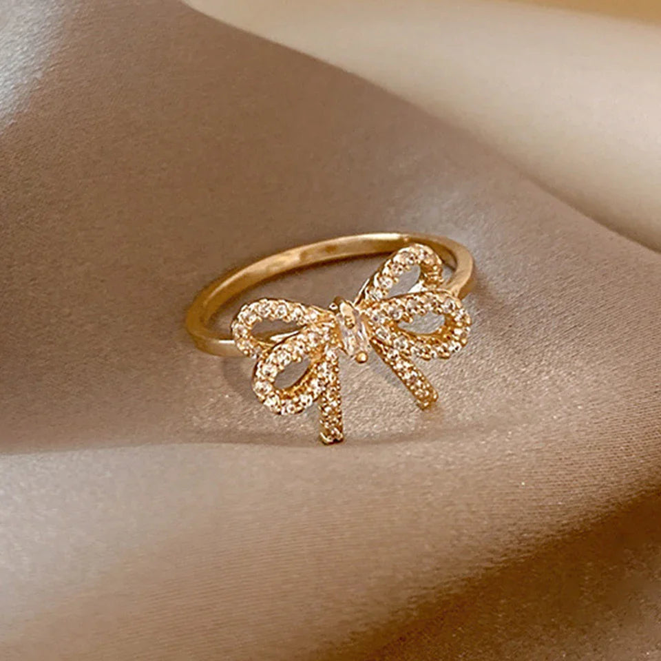 Yupsk Korean Fashion Micropaved Crystal Zirconia Bow Ring for Women Girls Exquisite Ins Trendy Minimalist Finger Rings Jewelry