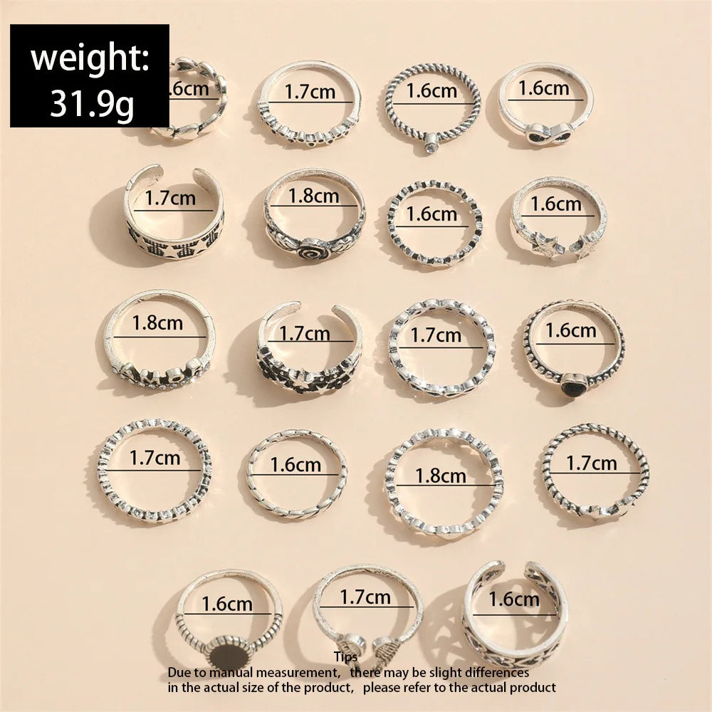 19 PCS Retro Punk Finger Ring Set For Women Vintage Heart Wing Star Gothic Ring Female Fashion Jewelry Accessories