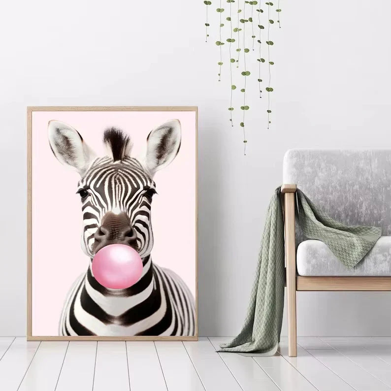 Cute Pink Panda Giraffe Bunny Cheetah Zebra Blowing Bubble Gum Poster Nursery Canvas Painting for Kids Room Animal Print Decor
