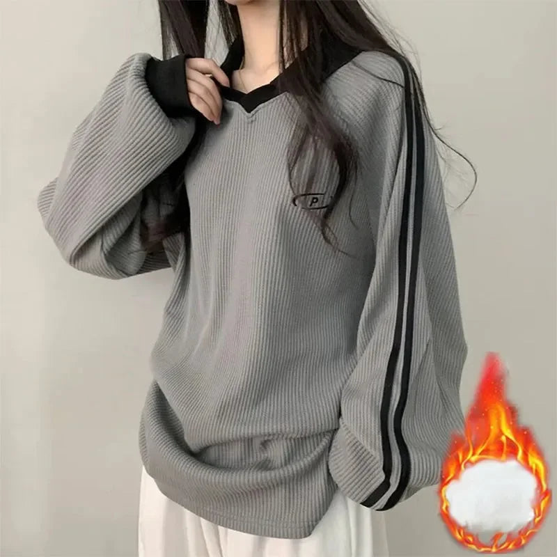 Women Long Sleeve Polo Pullover Sweater Striped Casual Top - Image 19