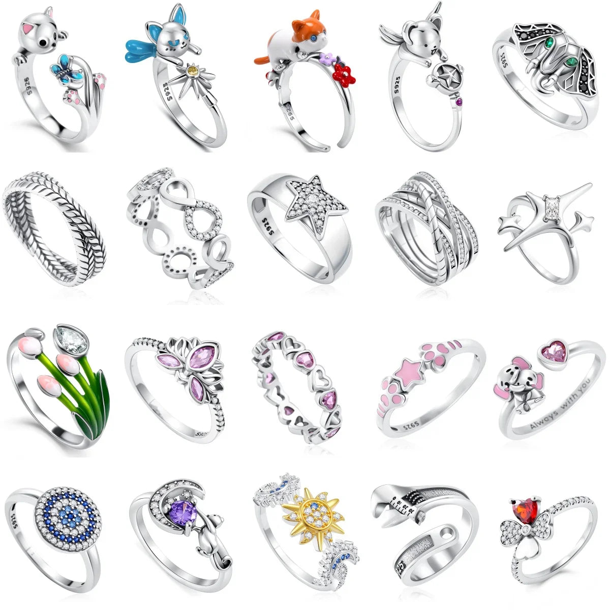 2026 Hot Selling 925 Silver Cute Puppy Flower Elephant Clover Ring Suitable for Wedding Rings, Jewelry Gifts
