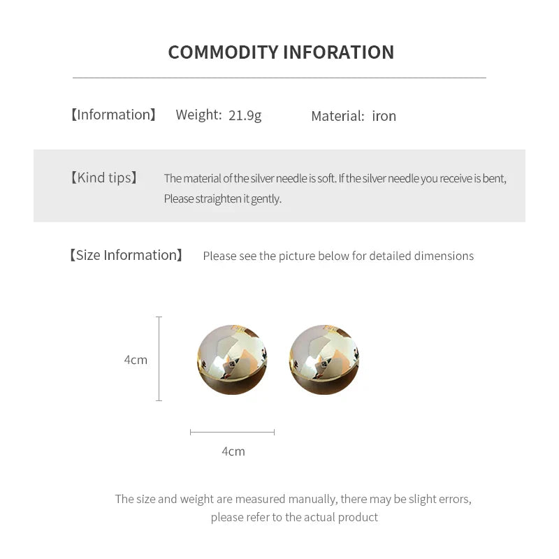 Smooth Semi-round Stud Earrings for Women Europe and America Simple Metal Cold Style Personality Exaggerated Temperament Jewelry