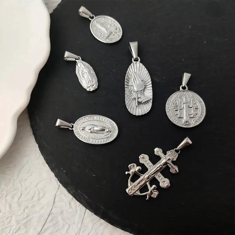 Virgin Mary Saint Michael Cross Prayer Pendant Necklace Gold Stainless Steel Religious Pendants Catholic Women/Men Jewelry