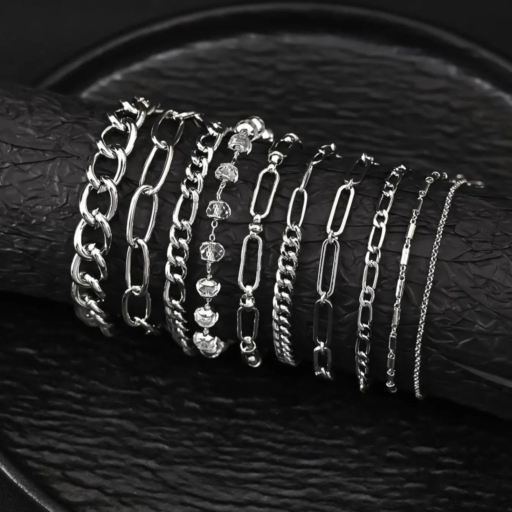 10pcs Stainless Steel Cuban Chain Bracelet for Men Women Figaro Vintage Metal Viking Kpop Pulseras Emo Cute Luxury Jewelry Gift