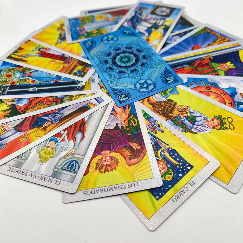 Spanish Tarot Laser Gold Foil Divination Cards for Beginners 12x7cm Fortune Telling Deck with Bilanguage Guide Book