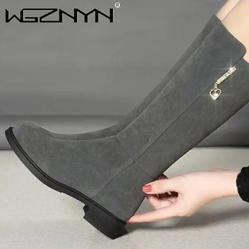 Women's Mid-Calf Suede Boots with Heart Zipper Detail - Image 6