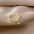 Shinny Rhinestone Gold Color Chain Star Pendant Open Rings Korean Style Woman Fashion Jewelry Wedding Party Girl's Trendy Ring