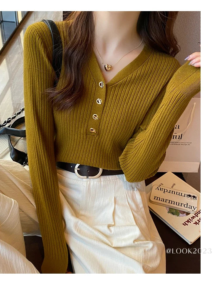 Women Beige Ribbed Button Down Long Sleeve Knitted Pullover Top - Image 31