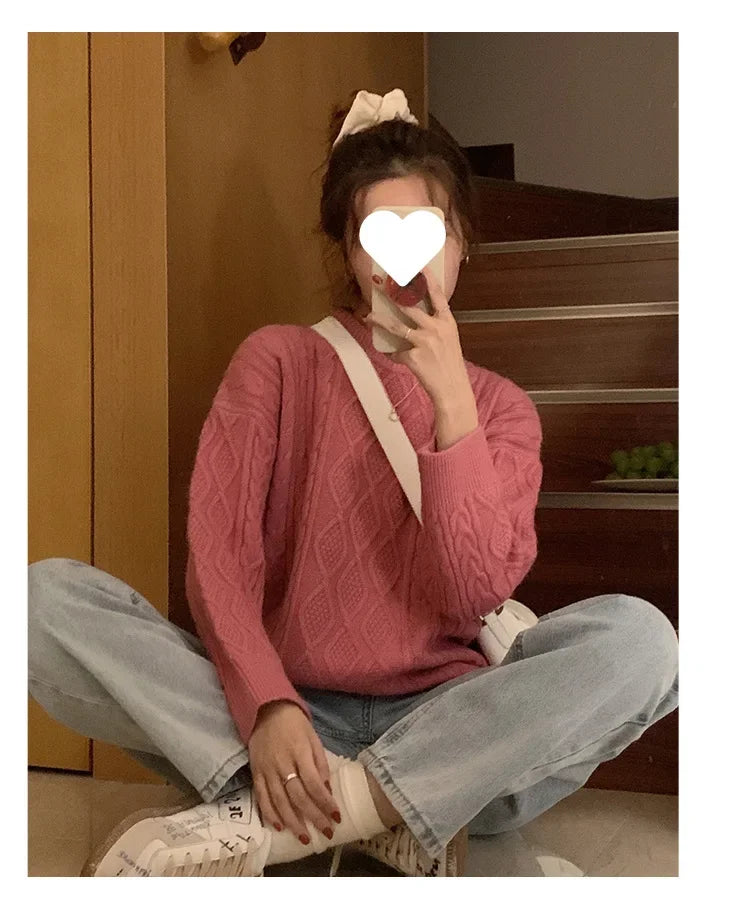 Women's Pink Cable Knit Crew Neck Long Sleeve Sweater - Image 15