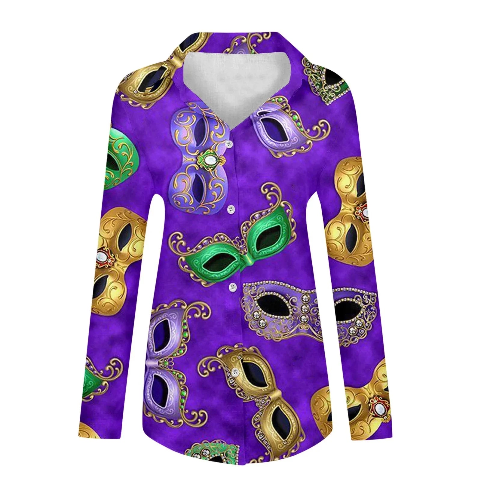 Women's Mardi Gras Carnival Print V-Neck Long Sleeve Shirt - Image 3