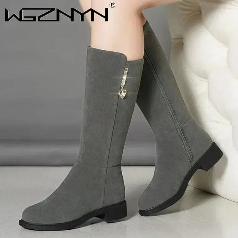 Women's Mid-Calf Suede Boots with Heart Zipper Detail - Image 2