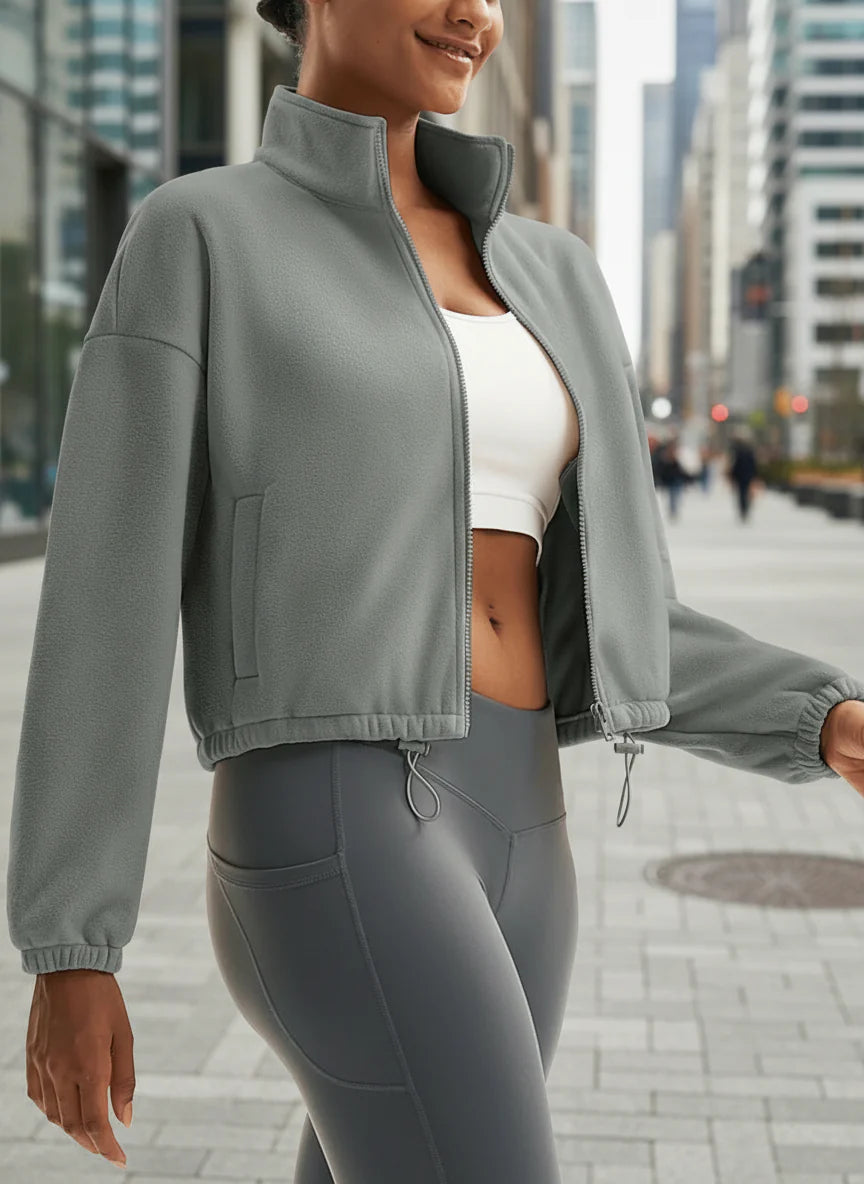 Winter Fleece Cropped Jacket with Stand Collar for Women - Image 8