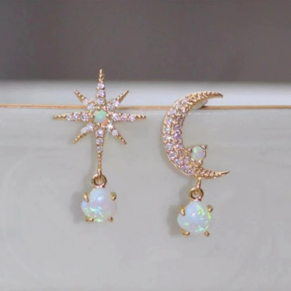 Golden Asymmetrical Zircon Moon Star Earrings for Women Retro Personalized Fashionable Versatile Accessory Gift
