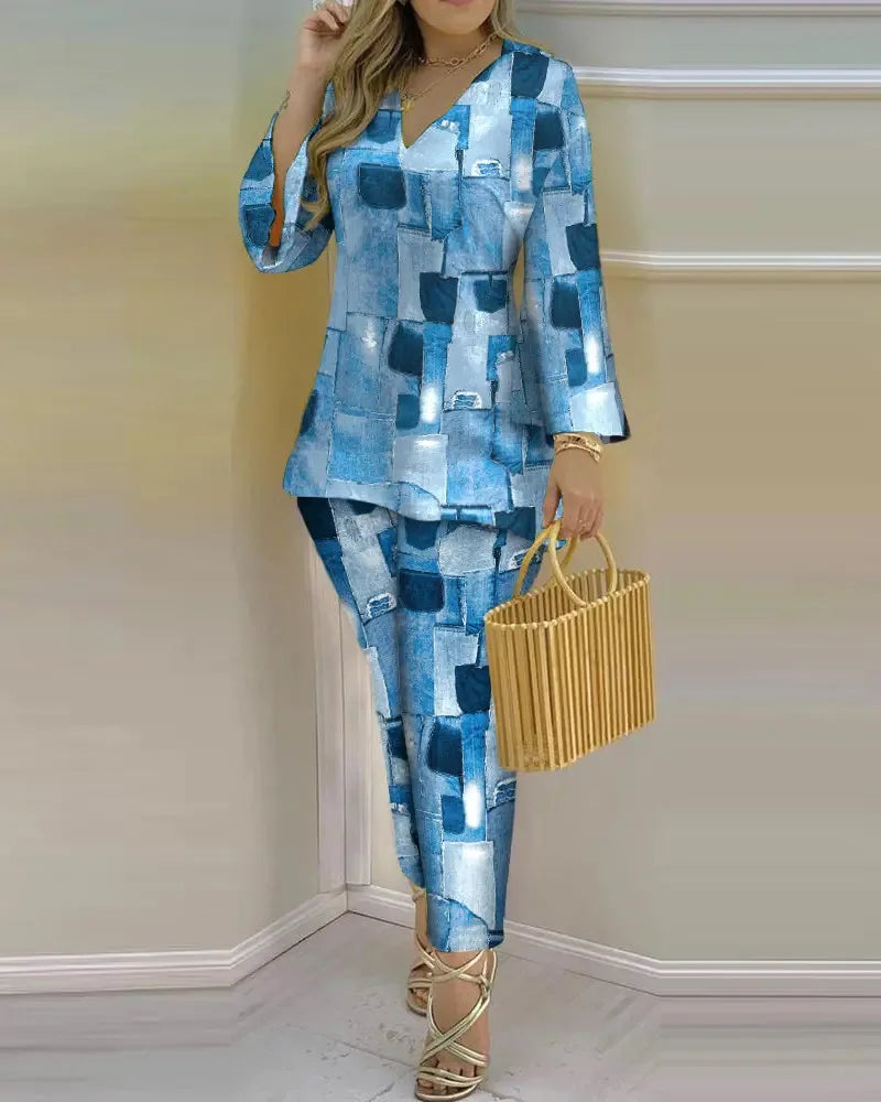 Women Printed V-Neck Long Sleeve Top and Pant Two Piece Set - Image 5