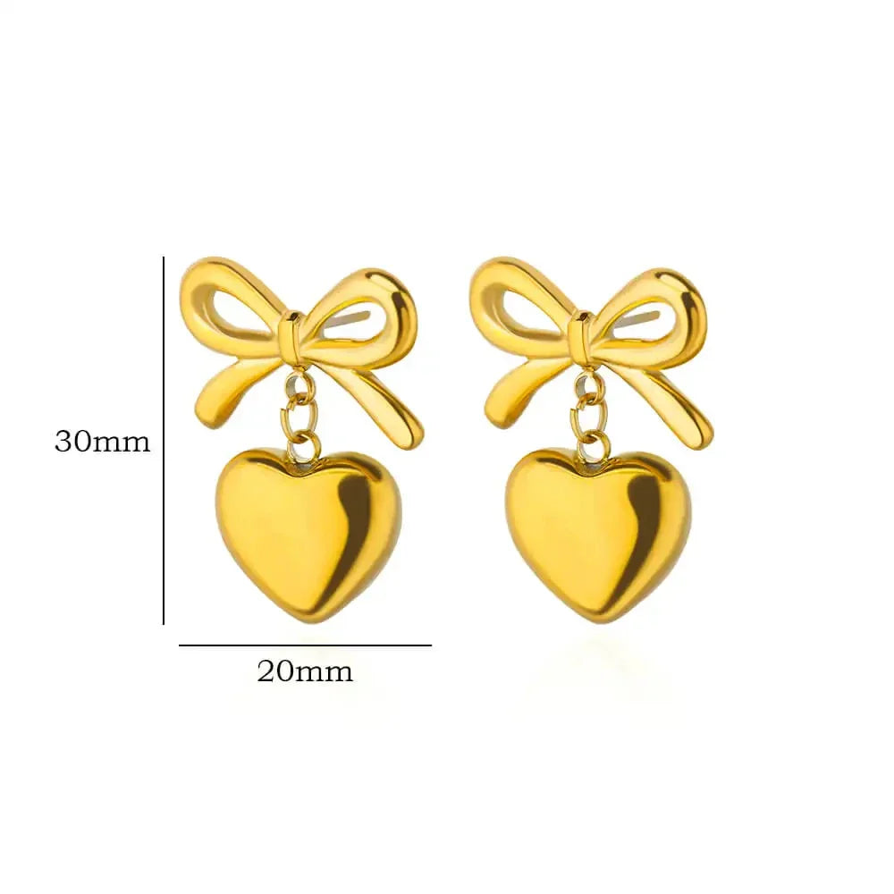 Cute Bow Heart Earrings for Women Stainless Steel Gold Color Heart Stud Earrings 2024 Trend Piercing Jewelry Wedding Party Gift