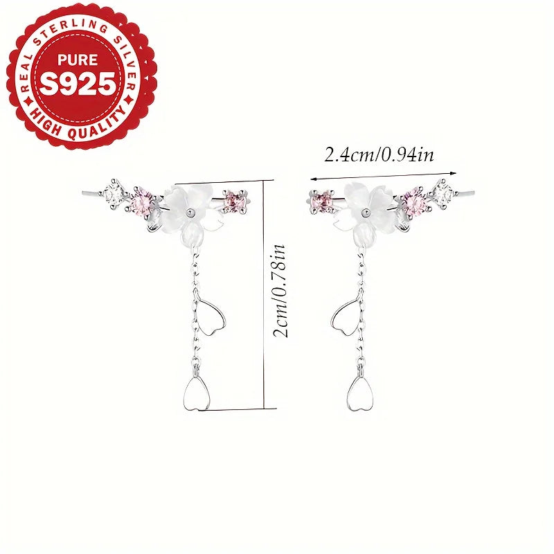 S925 Sterling Silver Sakura Tassel Earrings Cute Elegant Korean Style Versatile Classic Pendant Earring Allergy Free