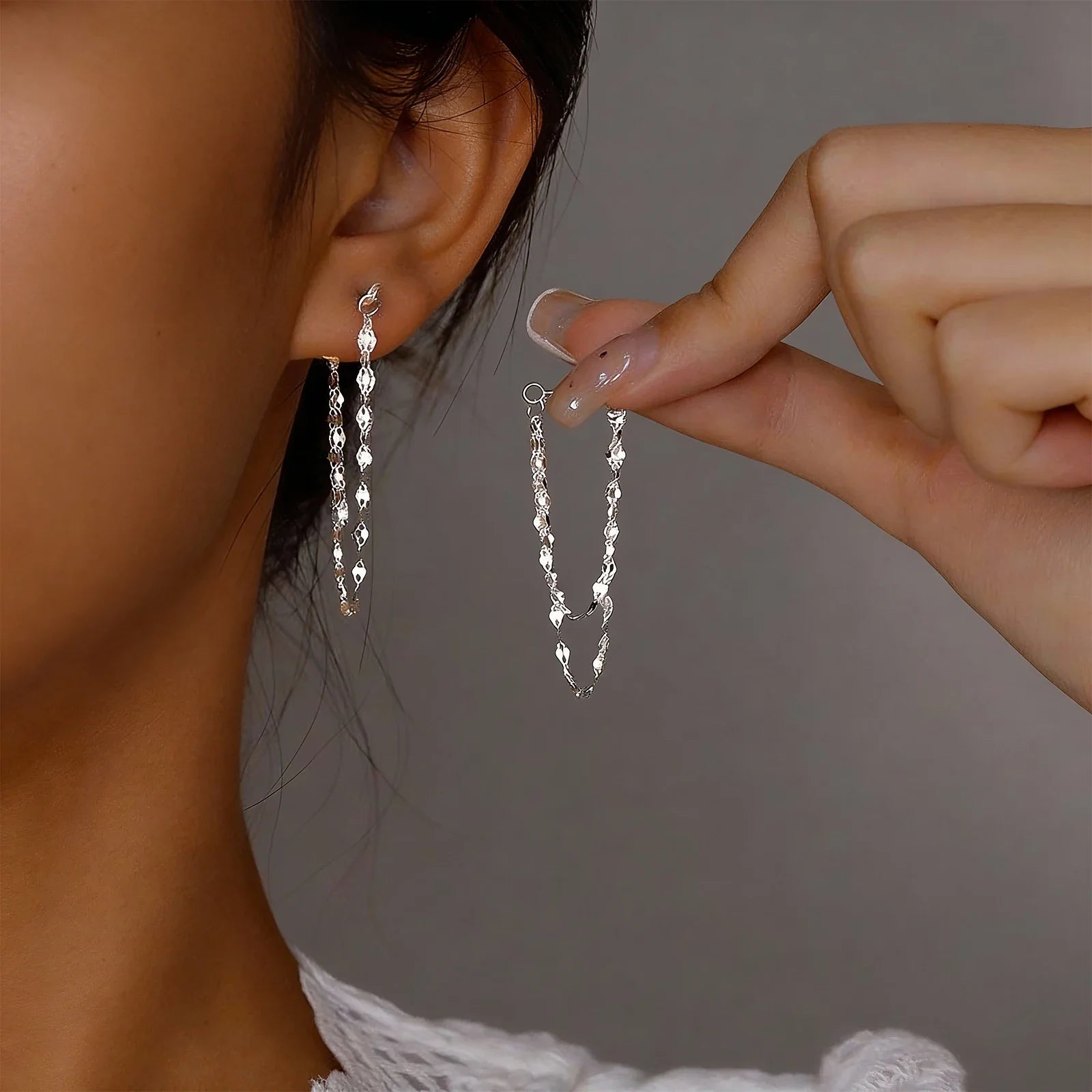 925 Silver designed earrings with double layered tassel chains at the front and back, exquisite earrings and dynamic earrings