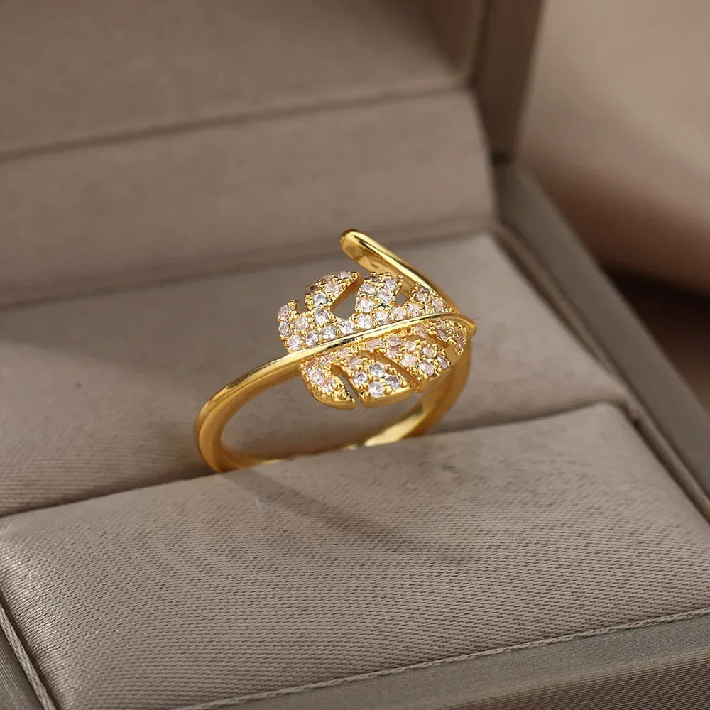 Fashion Palm Leaf Shape Open Rings For Women Gold Color Zircon Adjustable Finger Ring Girls Korean Party Jewelry Gift