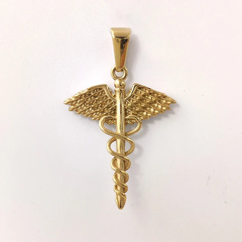 18K Gold Plated Stainless Steel Angel Wing Serpent Necklace - Greek Caduceus Pendant, Doctor/Nurse Charm Jewelry