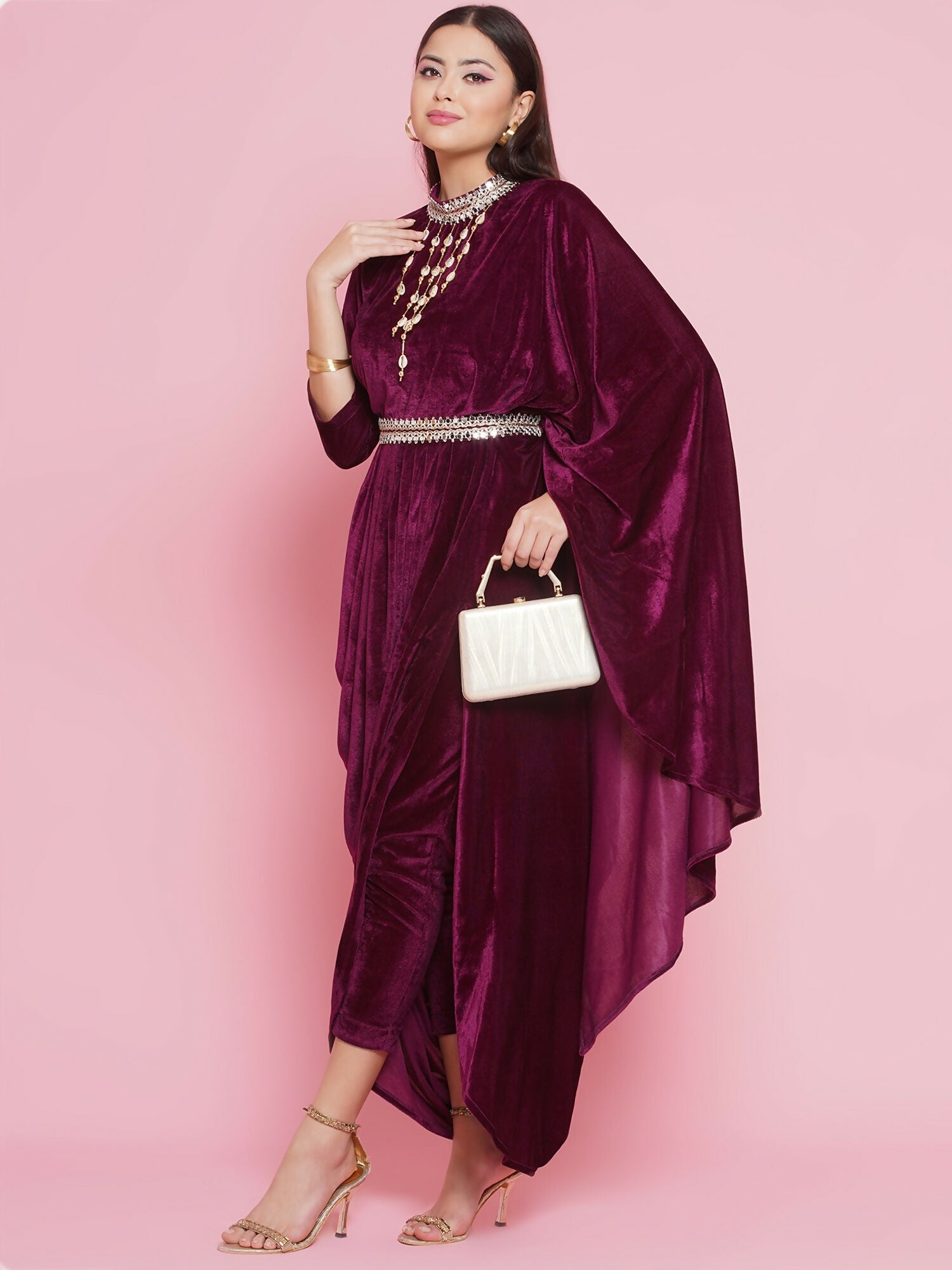 Wine Velvet Drape Kurta and Pant Set - Sophisticated Evening Wear