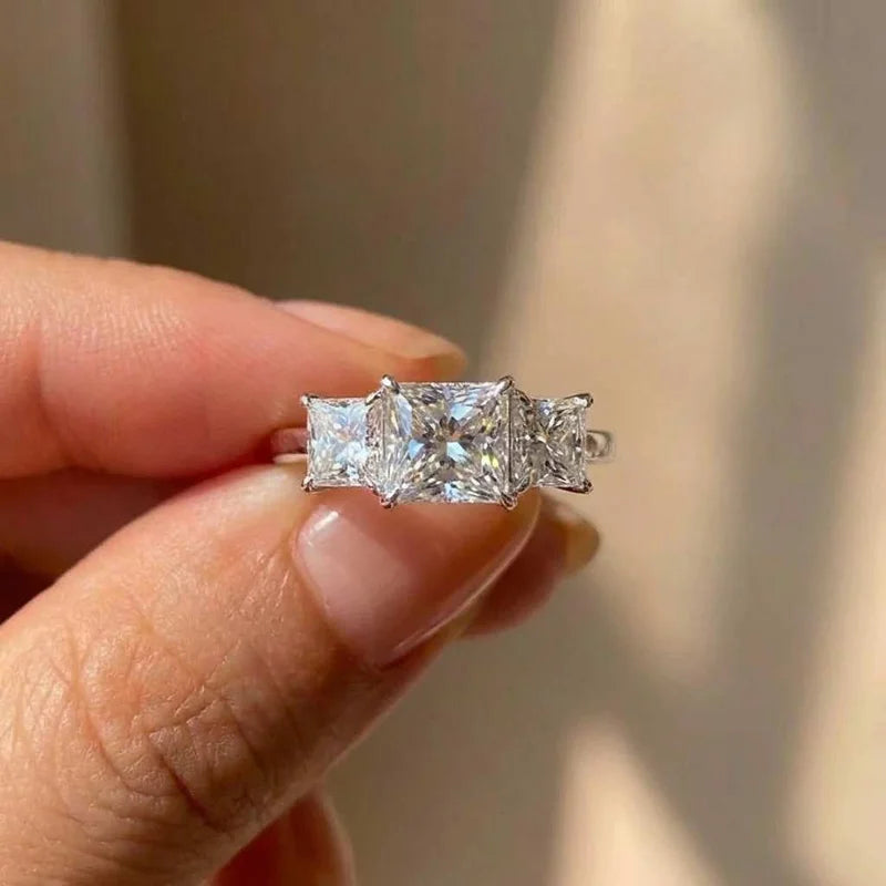 925 Sterling Silver Eternity Princess Square Cubic Zirconia Crystal Rings Women's Wedding Engagement Luxury Classic Lady Jewelry