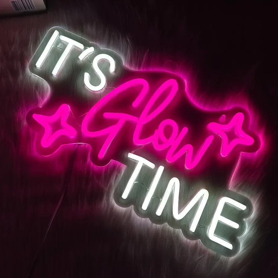 It'S Glow Time Neon Sign, Pink Heart Icon Handmade Usb Powered, Used For Bachelor Party, Beauty Salons, Nail Salons Art Decor.