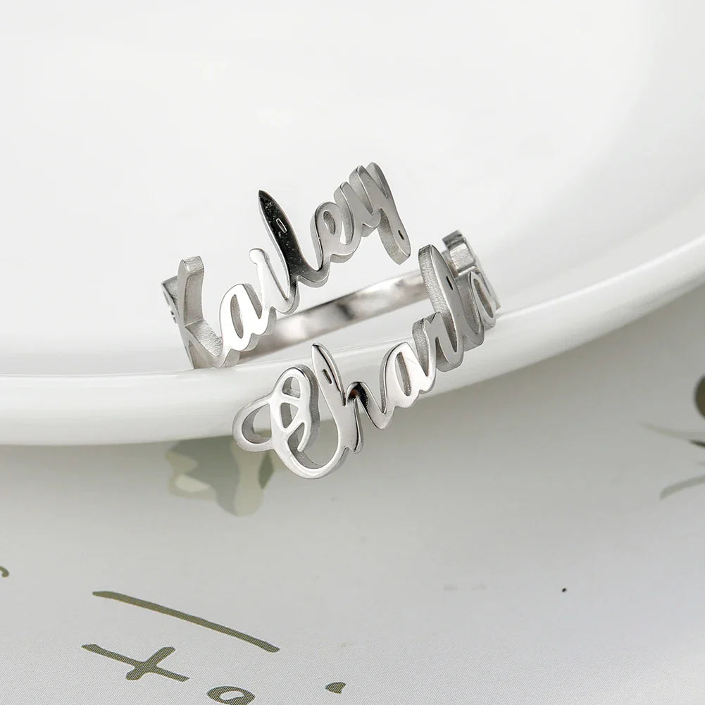Custom Double First Name Finger Ring For Women Men Personalized Couple Family Gift Gold Color Stainless Steel Metal Jewelry