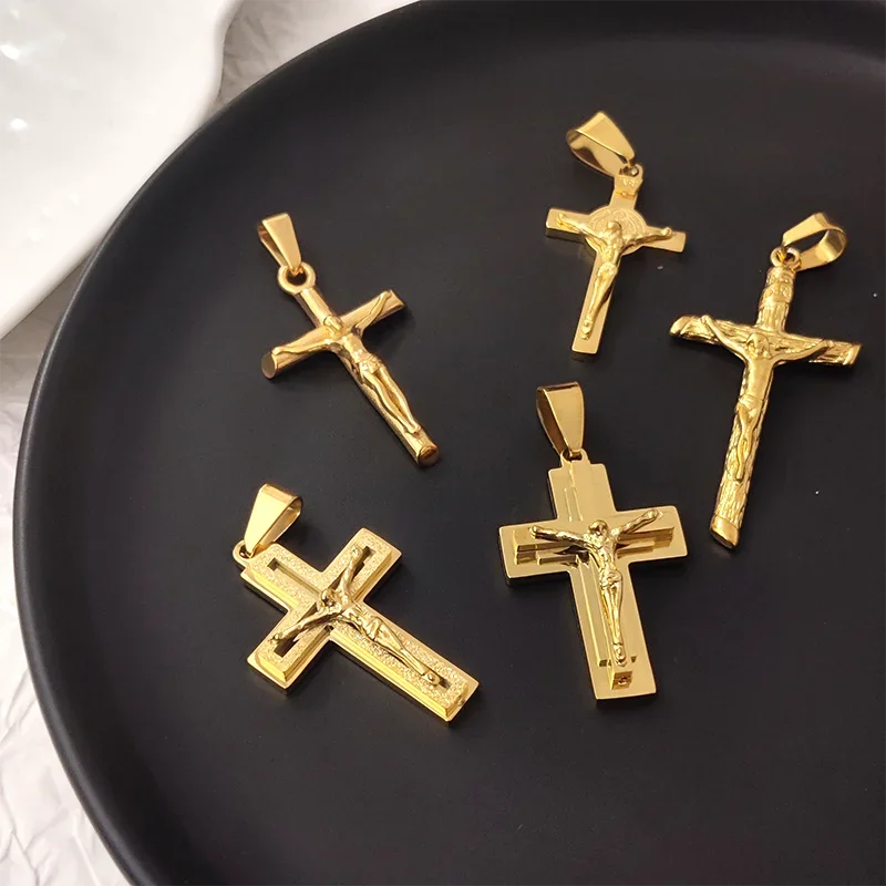 Jesus Cross 18k Gold Plated Stainless Steel Pendant Necklace For Men Unisex Religious Waterproof  Jewelry Accessories
