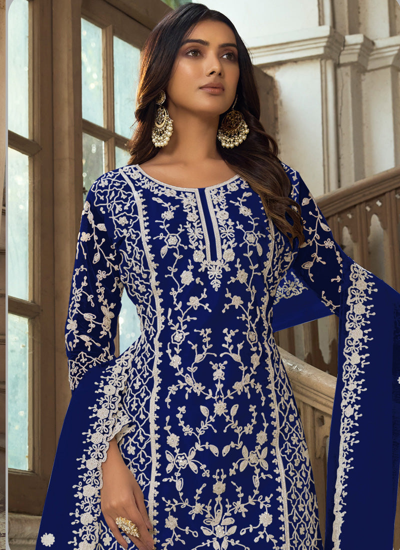 Blue A-Line Net Embroidered Traditional Palazzo Suit Set