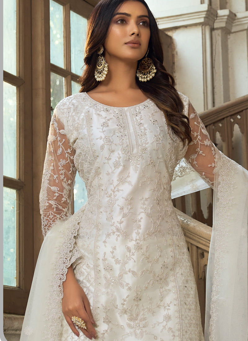 White Premium Net Embroidered Traditional Palazzo Suit Set