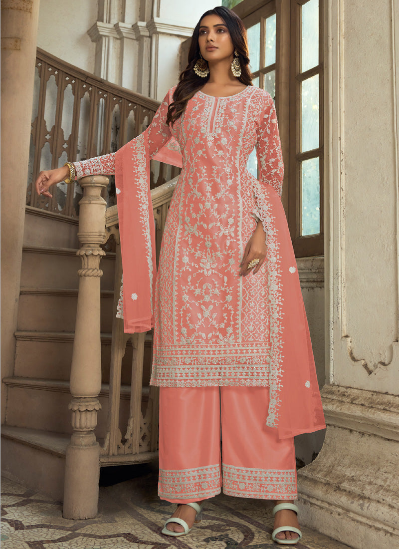 Light Orange Net embroidered A-line kurta with palazzo pants
