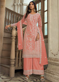 Light Orange Net embroidered A-line kurta with palazzo pants