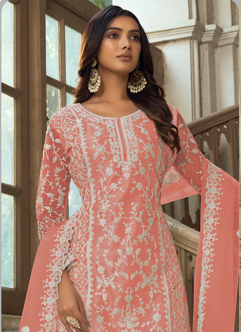 Light Orange Premium Net Embroidered Palazzo Suit