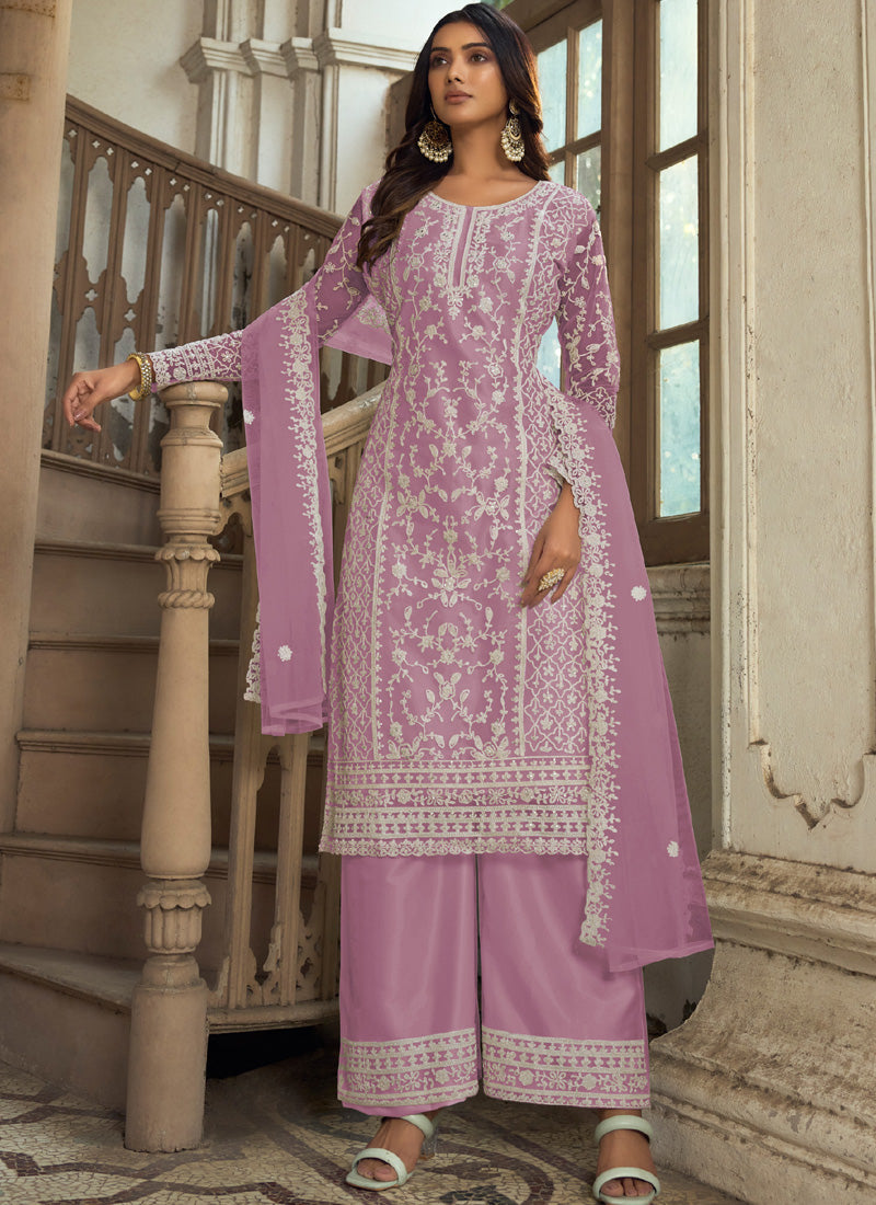 Lavender premium net embroidered palazzo suit with dupatta
