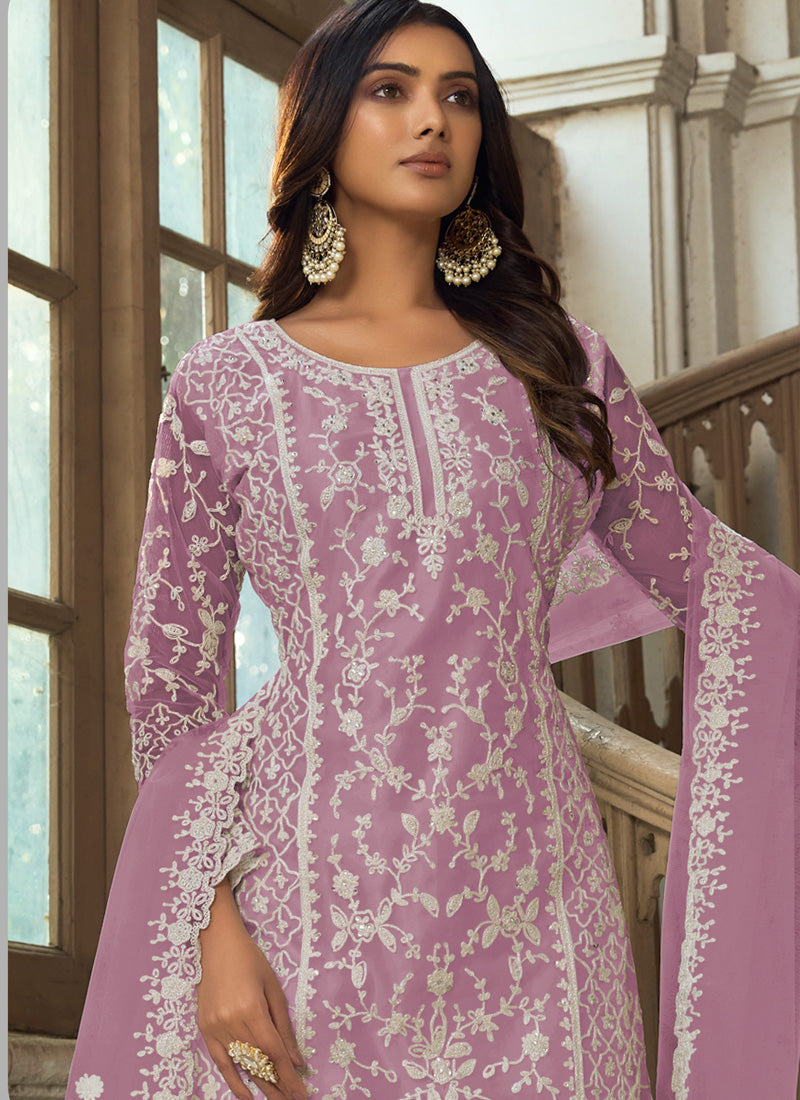 Lavender Premium Net Embroidered Traditional Palazzo Suit