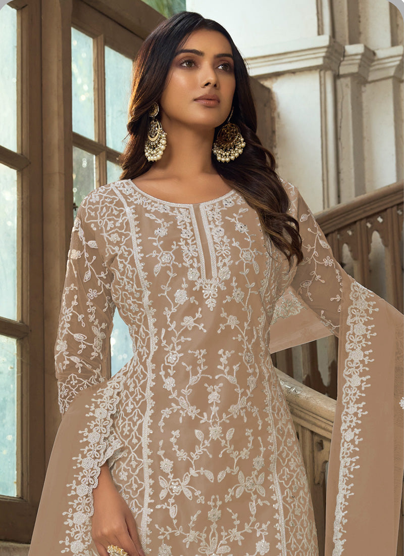 Beige Premium Net Embroidered Traditional Palazzo Suit Set