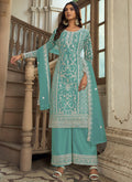 Aqua Blue embroidered net palazzo suit with A-line kurta