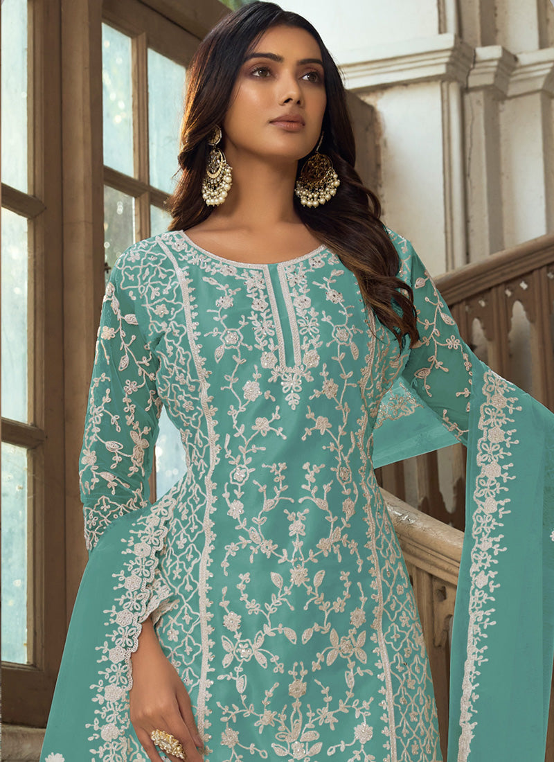 Aqua Blue Embroidered Net A-Line Palazzo Suit Set