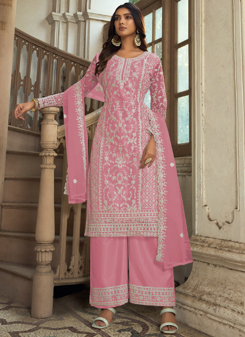 Pink Premium Net Embroidered A-Line Kurta with Palazzo and matching dupatta