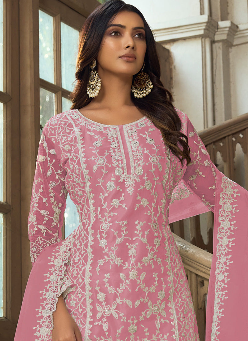 Pink Premium Net Embroidered A-Line Palazzo Suit Set