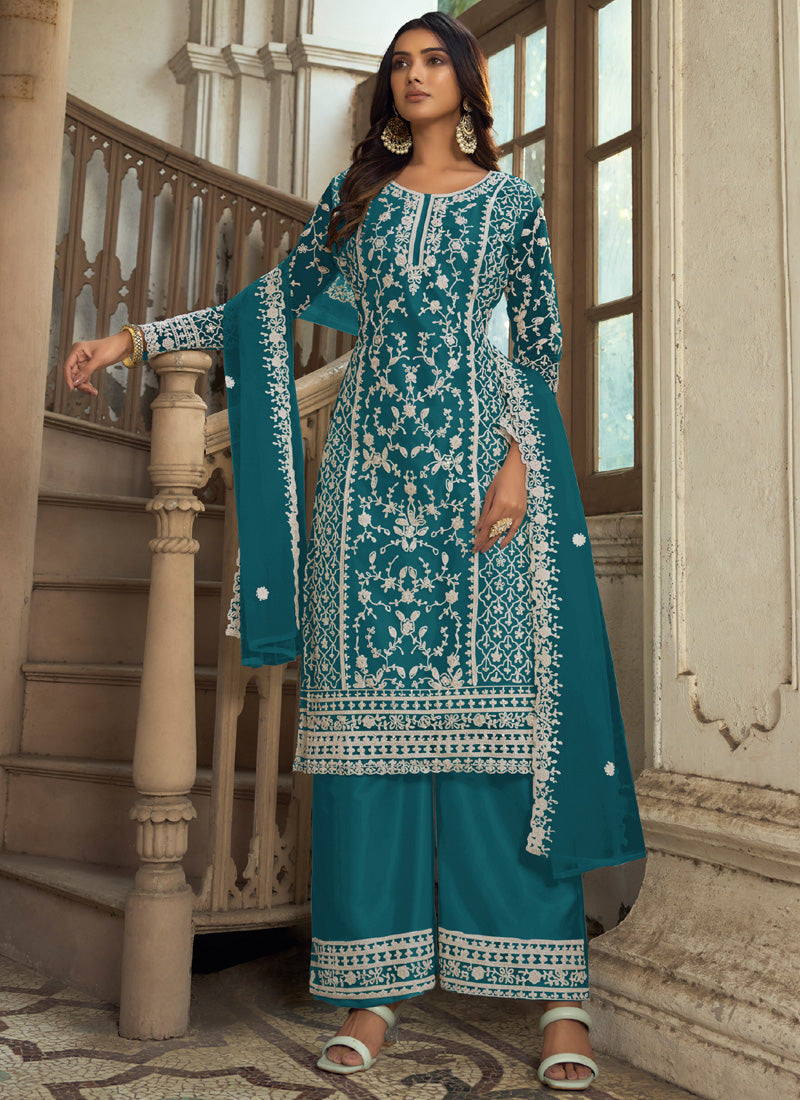 Teal Premium Net Embroidered A-Line Palazzo Suit Set