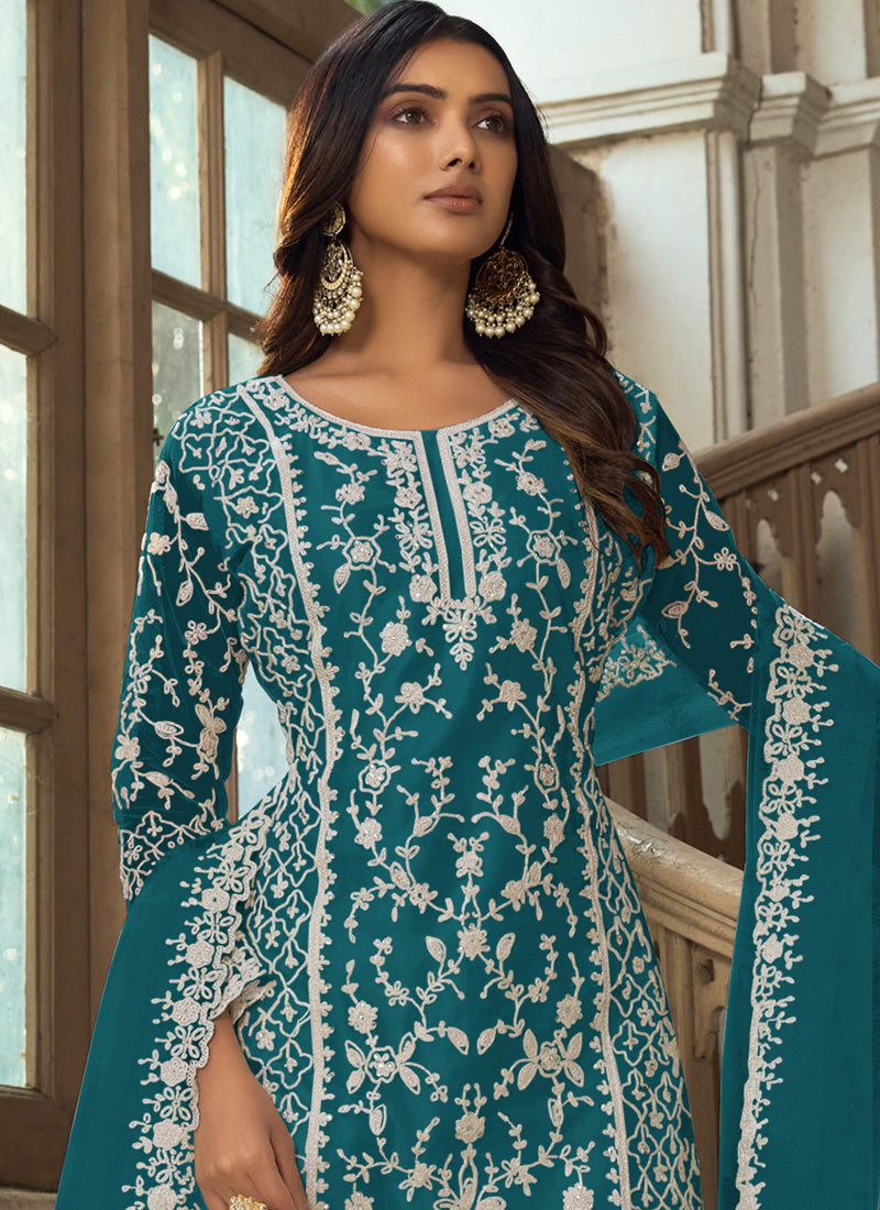 Teal Premium Net Embroidered Traditional Palazzo Suit